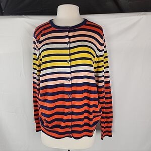 Lands End Supima Cotton Striped Cardigan Sweater Women XL 18 Orange Blue Preppy